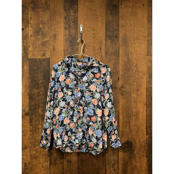 M&S Pure Linen Navy Blue Pink Red Floral Shirt Top Size Uk 10 - Picture 2 of 5